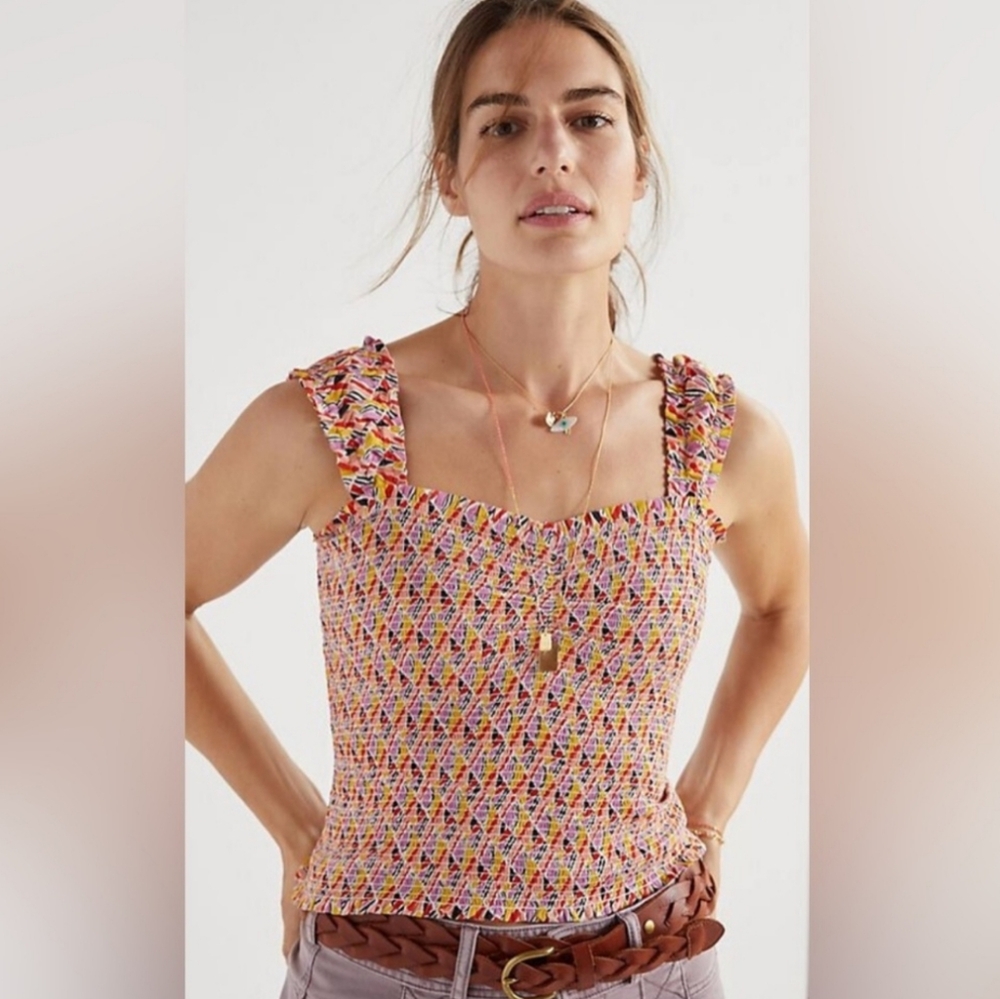 Anthropologie Maeve Pink Yellow Geo‎ Smocked Tank Top Size S Small